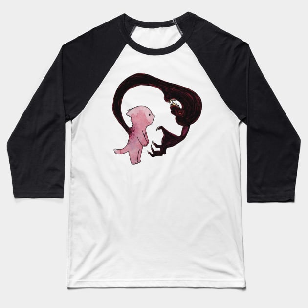 Cute cat anxiety fear monster illustration watercolor red pink Baseball T-Shirt by maoudraw